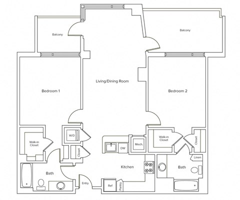 Floor plan for 2 beds, 2 baths, 1083 sqft